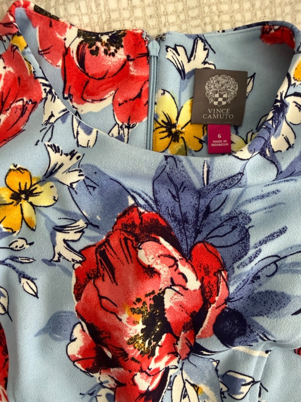 Vince Camuto Light Blue Floral Sheath Dress with Red & Yellow Blooms